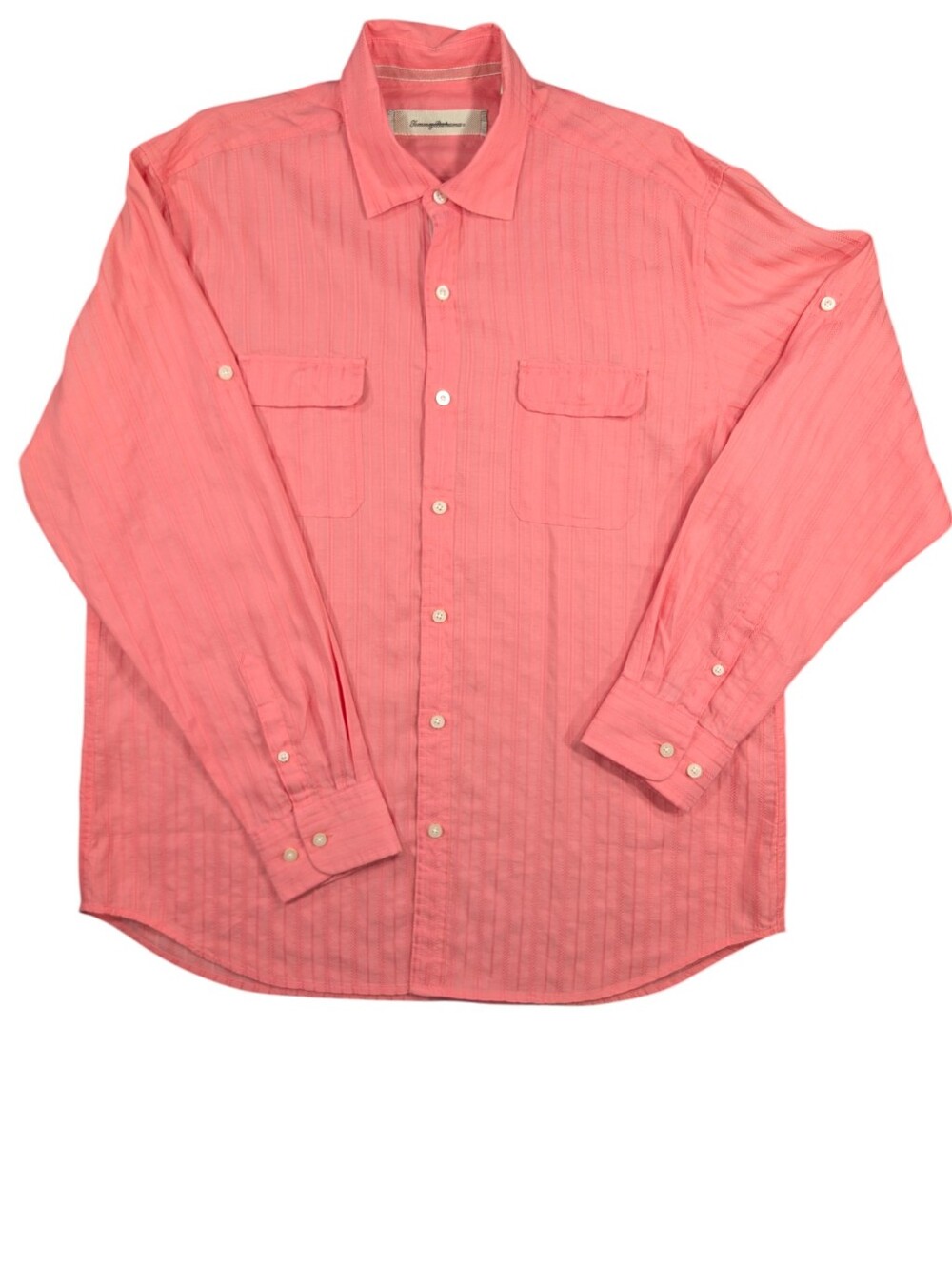 Tommy Bahama Linen & Cotton Pink Button Up Shirt W Roll Tab Sleeves. Large.